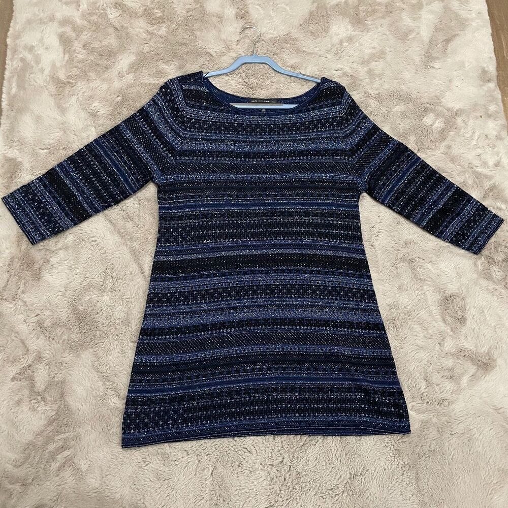 White House Black Market Women's XL Blue Stripe Metallic Knit‎ Dress 3/4 Sleeves